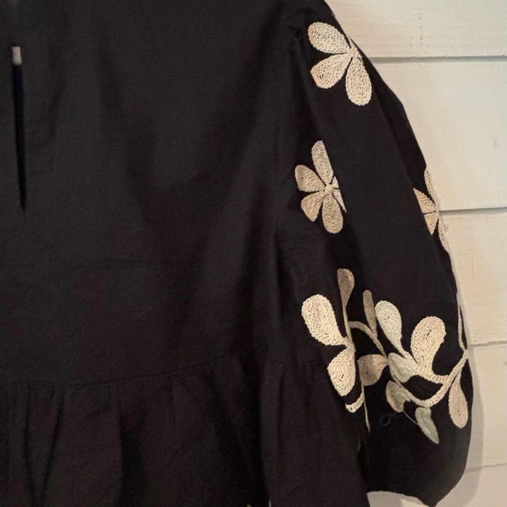 Anthropologie Black Peplum Blouse with Cream Floral Embroidery - Picture 9 of 13
